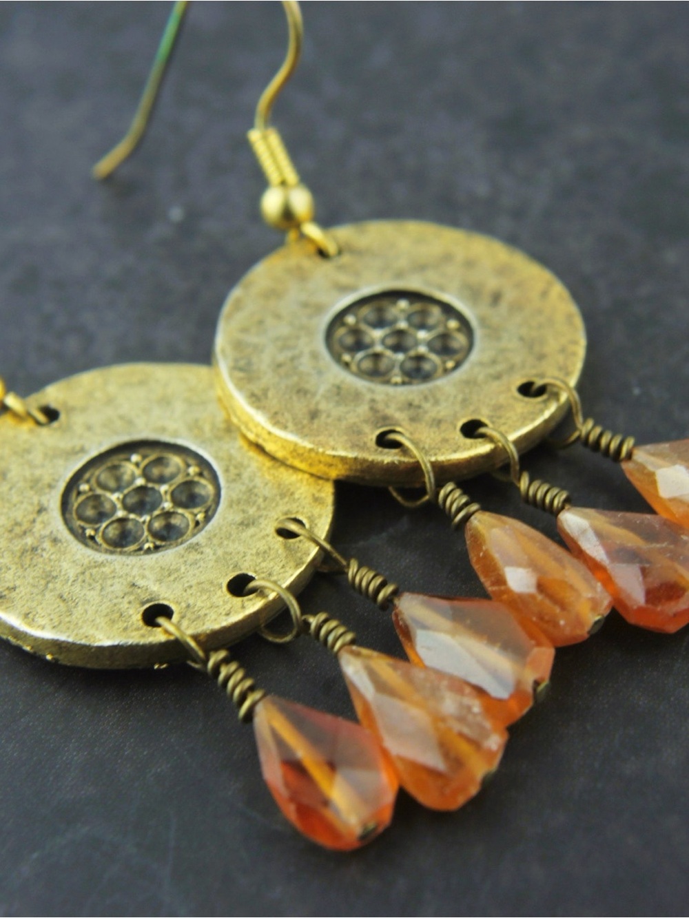 Antique Gold Disc Earrings with Amber Teardrop Dangles